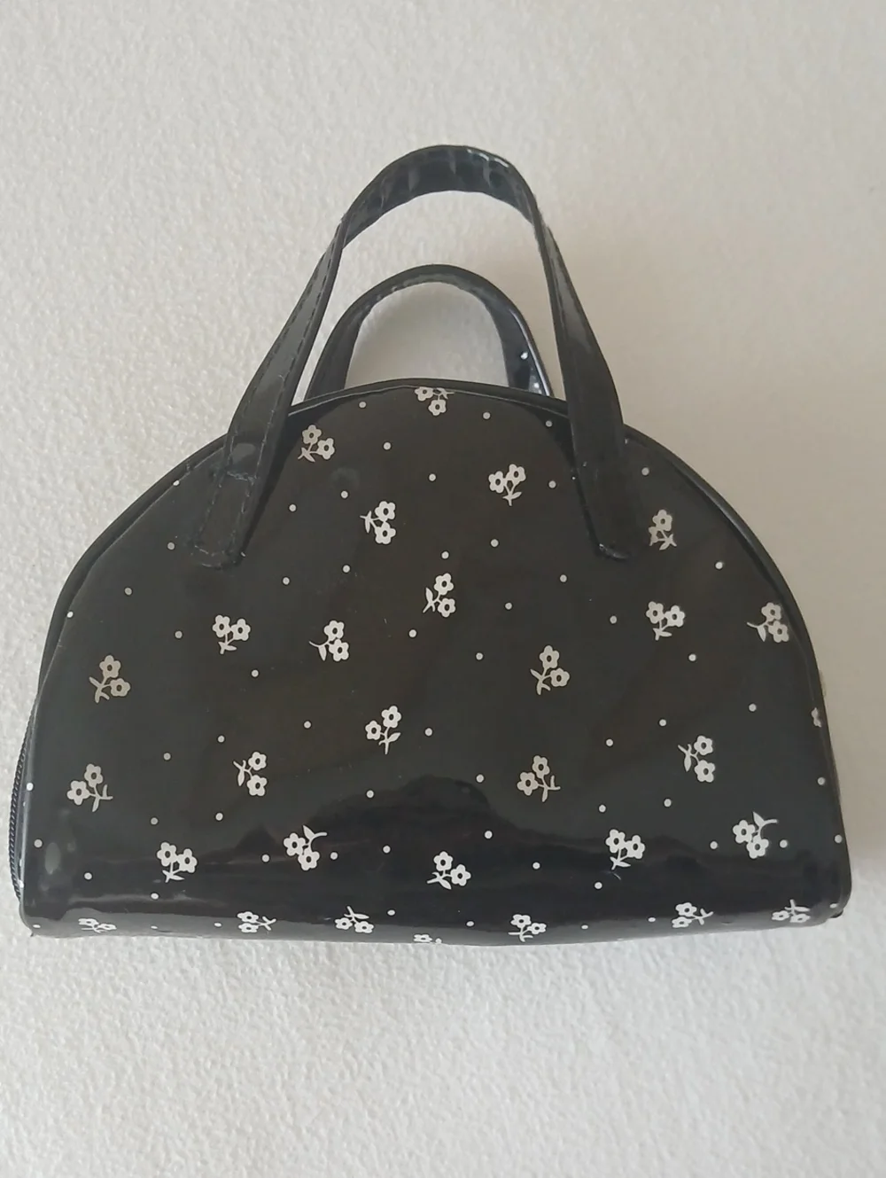 Vintage 80s Lancome Black Floral Patent Leather Dome Cosmetic Bag